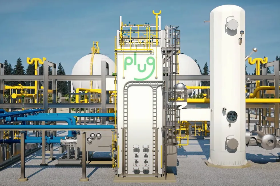 A still from a Plug Power animation showing a rendering of the company's hydrogen liquefaction technology