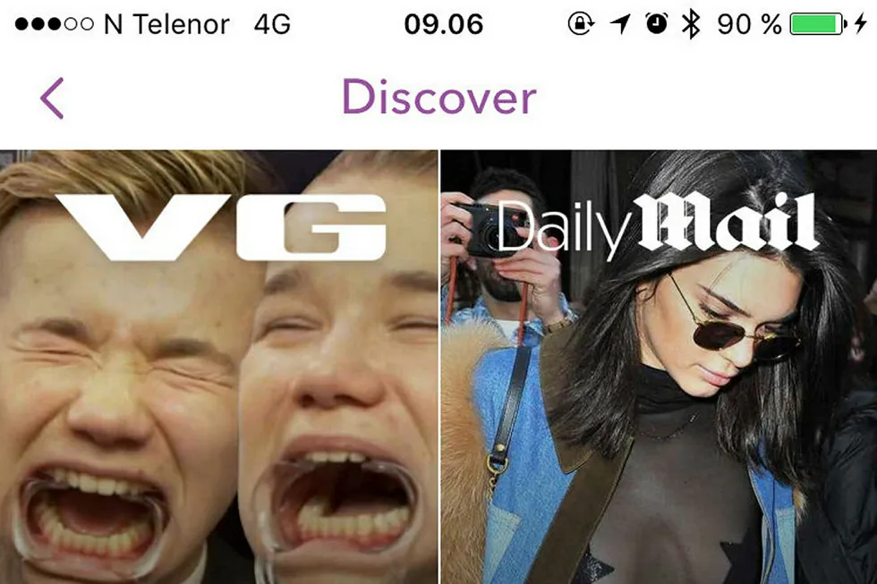 Her er VG på plass øverst i venstre hjørne Snapchats nyhetstjeneste Discover. Foto: Faksimilie VG/Snap