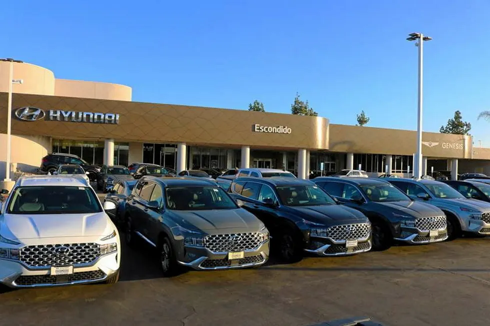 Hyundai Nexo fuel cell vehicles at a dealership in California.