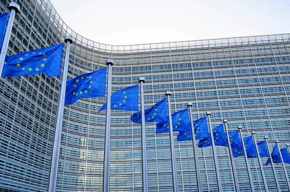 BRUSSELS, BELGIUM -6 FEB 2019- European Union (EU) flags in front of the Berlaymont building, headquarters of the European Commission in Brussels. . European Commission headquarters in Brussels.