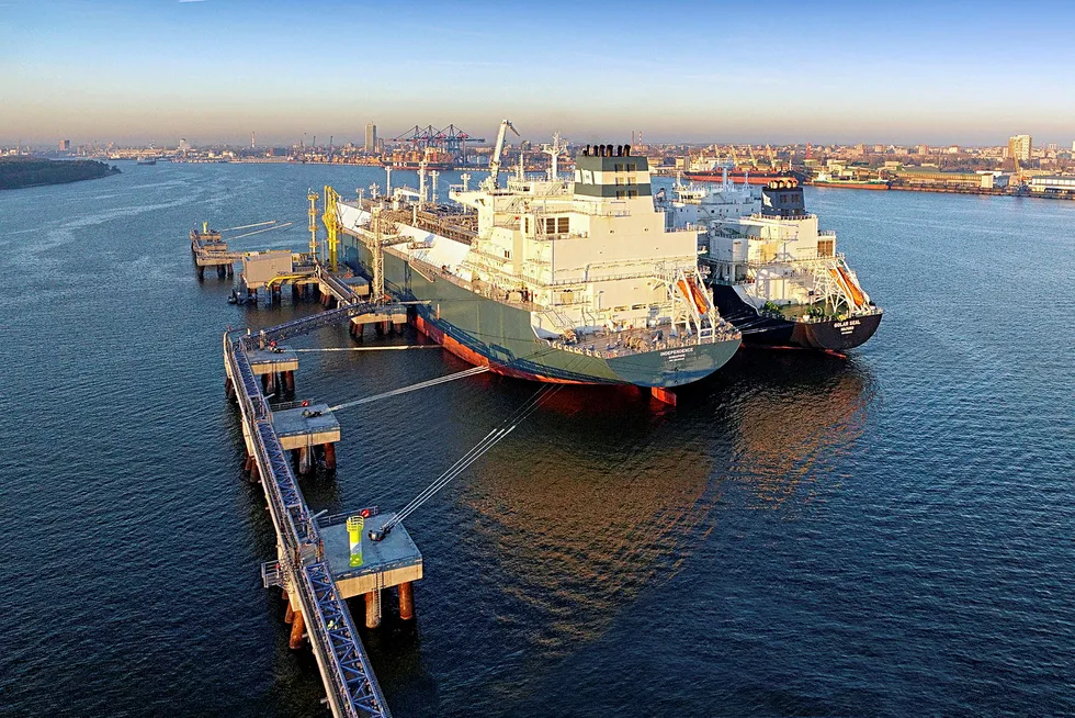 Existing unit: Hoegh LNG's floating storage and regasification unit Independence receiving a cooldown cargo