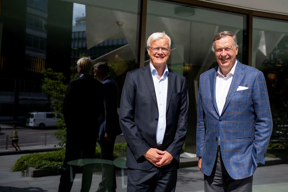 Øystein Rekdal (t.v.) og Gert W. Munthe er henholdsvis administrerende direktør og styreleder i Lytix Biopharma.