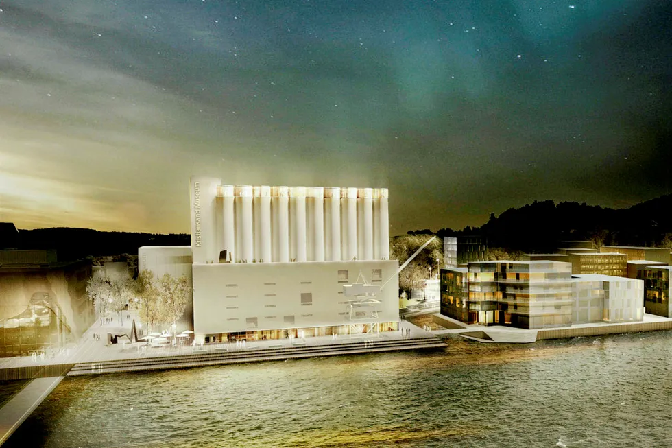 Slik kan den gamle siloen ved havnen i Kristiansand bli seende ut i 2021 dersom intitiativtagerne klarer å få finansiert prosjektet til 530 millioner kroner. Illustrasjon: Mestres Wåge Arquitectes/MX_SI Architectural Stu