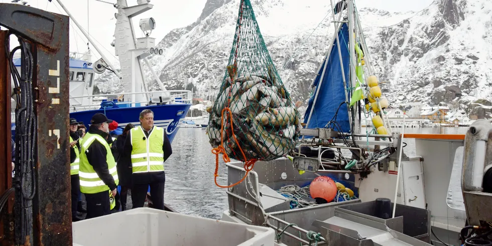 Kontroll på kaikanten er en viktig del i arbeidet mot juks. Her fra Svolvær hvor en tidligere fiskeriminister Harald Tom Nesvik ser på forholdene.