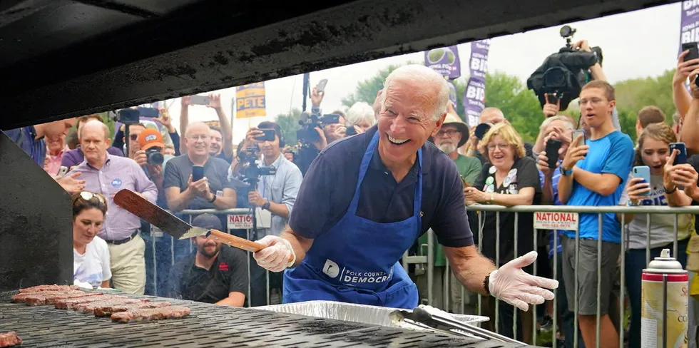 US President Joe Biden grills during a campaign stop.