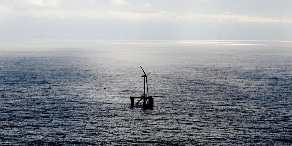 One of a trio of floating wind turbines installed as part of the original Fukushima Forward project off Naraha, in Fukushima Prefecture, in November 2013