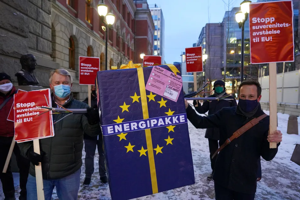Nei til EU demonstrerer utenfor Høyesterett i protest mot EUs energipakke. Men retten mener Stortinget kan overføre myndighet til EU, hvis det er det de folkevalgte ønsker.