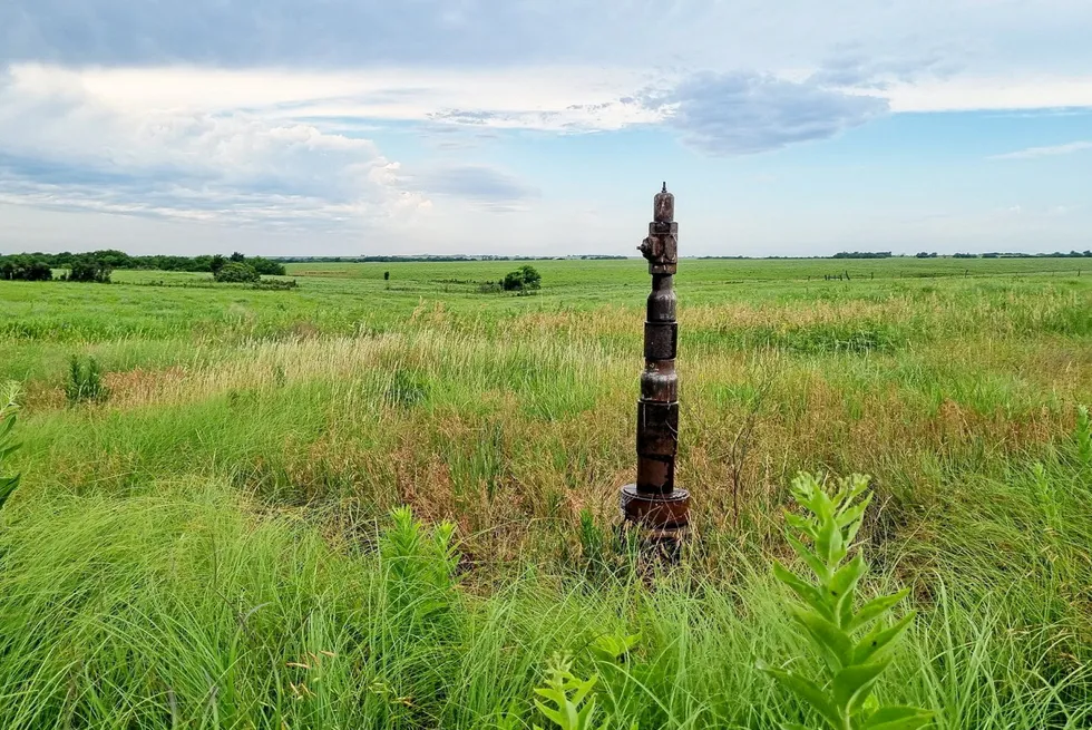 The Scott-1 wellhead, drilled to 680m in 1982, on one of HyTerra's leased areas in Morris County, Kansas. Gas samples recovered from the well showed up to 56% H2.