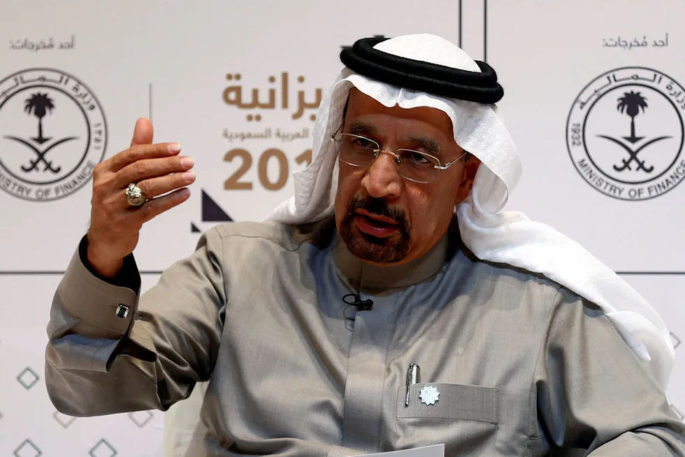 Avbildet er Saudi-Arabias energiminister Khalid al-Falih under en konferanse om landets statsbudsjett. Foto: FAISAL AL NASSER/Reuters/NTB Scanpix