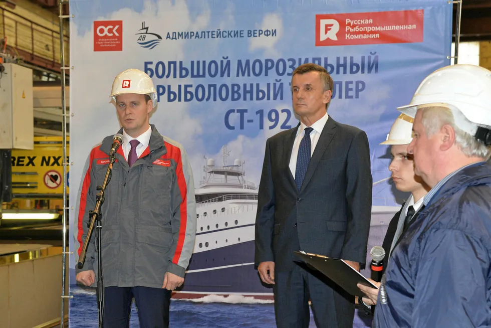 Russian Fishery Company CEO Fedor Kirsanov and Admiralty Shipyards CEO Alexander Buzakov took part in the metal cutting ceremony.
