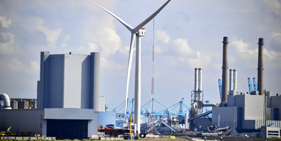 Prototype of GE's Haliade-X offshore wind turbine in the Port of Rotterdam