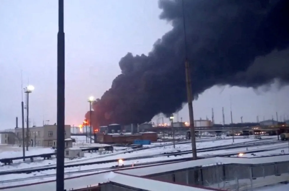 An oil processing unit on fire at Russia’s Ryazan refinery after being hit by Ukrainian drones last week.