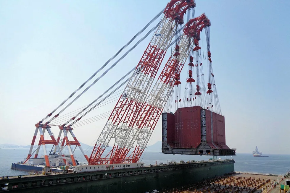 Giga block: the keel-laying for the Coral Sul FLNG hull (above) in June 2019 at Samsung Heavy Industries in Geoje, South Korea