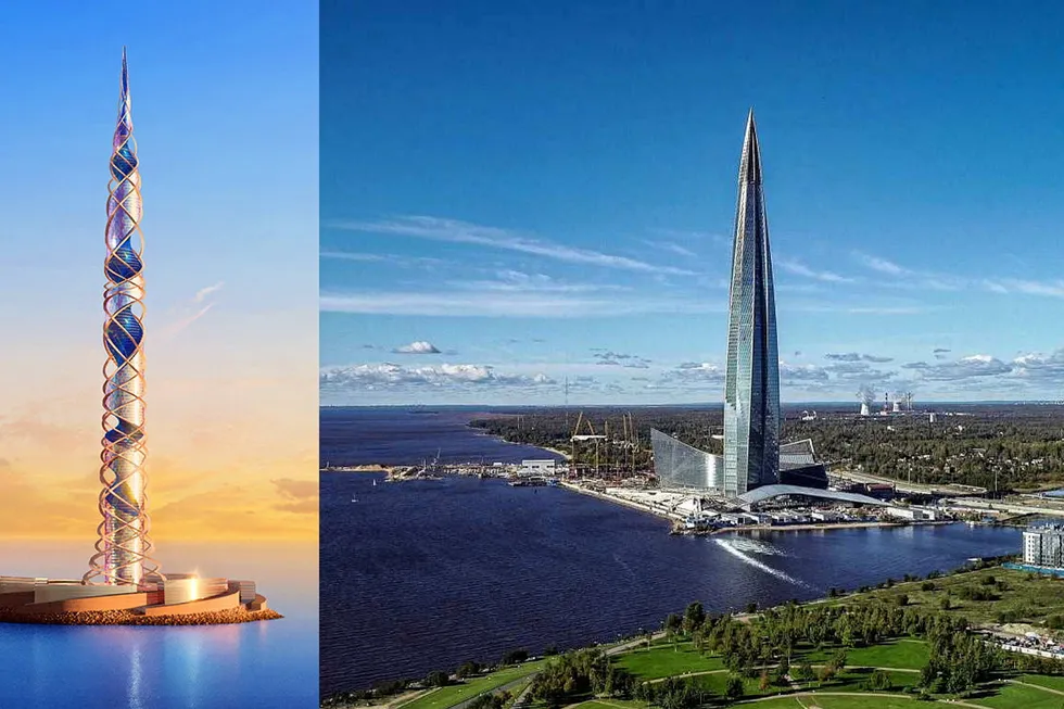Reaching high: Gazprom's proposed second office tower (left) and its existing headquarters in St Petersburg