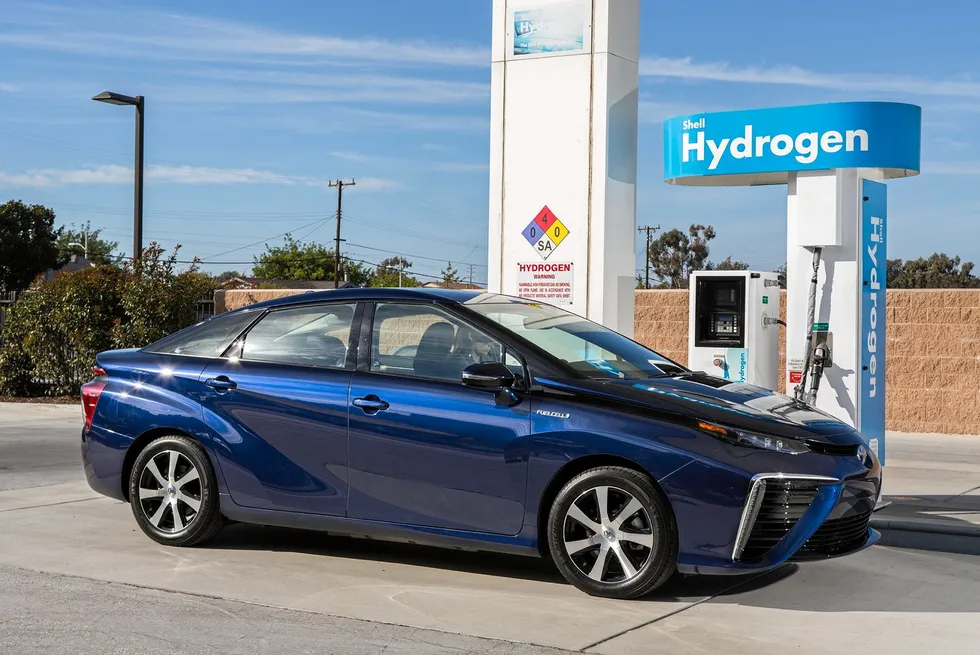 A Toyota Mirai at a hydrogen refuelling station in California.