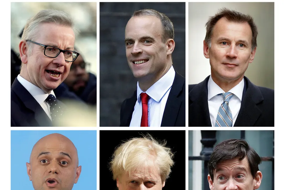 De seks som kjemper for å bli ny partileder, og dermed også statsminister, er, øverst fra venstre: Michael Gove, Dominic Raab, Jeremy Hunt, og nederst fra venstre: Sajid Javid, Boris Johnson, Rory Stewart.