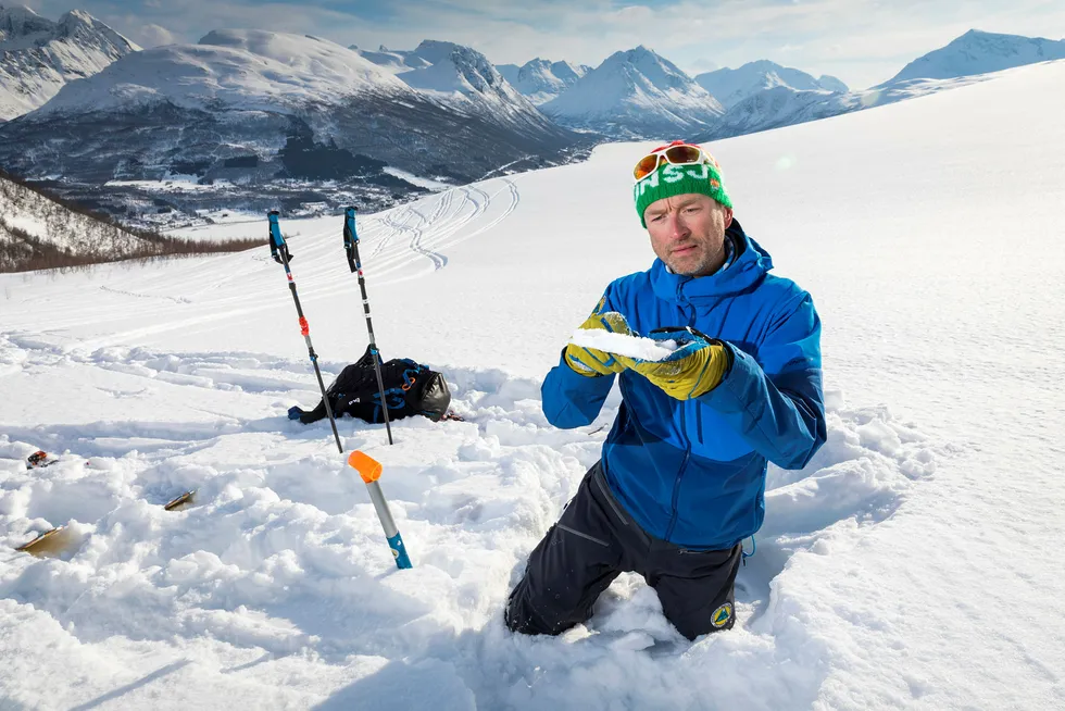Torben Rognmo, skredobservatør i NVE, studerer et snølag på vei opp mot Tromsdalstinden. Han kaller vurderinger av snø og skred en evigvarende læringsprosess der han hver gang stiller seg selv nye spørsmål. Foto: Gunnar Lier