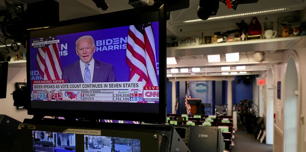 Democratic presidential nominee Joe Biden is seen on televisions in the Brady Press Briefing Room at the White House as he makes a statement about the results of the election.