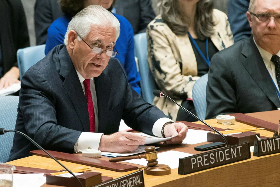 USAs utenriksminister Rex Tillerson i Sikkerhetsrådet fredag. Foto: AP / NTB scanpix