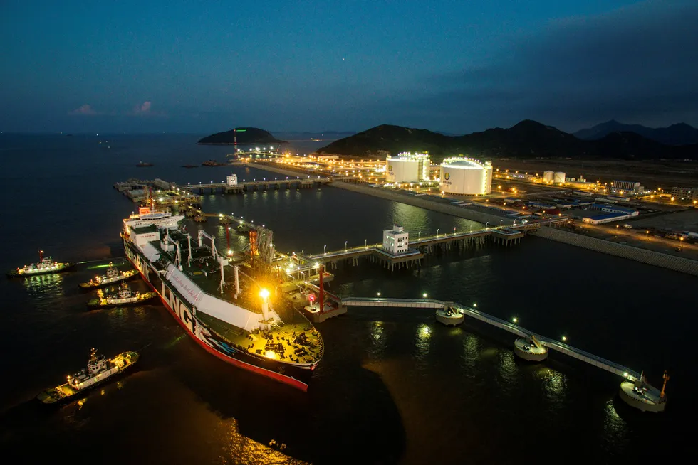 LNG offloading operation at the LNG terminal owned by China's town gas player ENN in China's Zhejiang province.