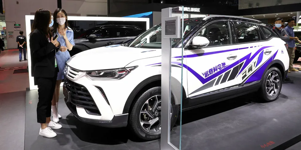 A hydrogen fuel-cell car produced by local manufacturer Aeolus on display at last year's Auto China exhibition in Beijing.
