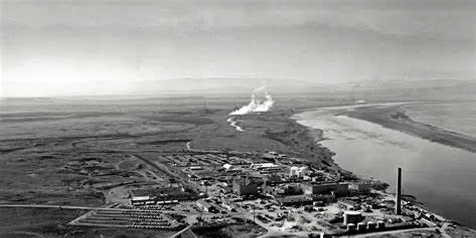 A 1950s partial view of the former Hanford nuclear weapons material production site that the US Department of Energy will partially repurpose for clean energy generation