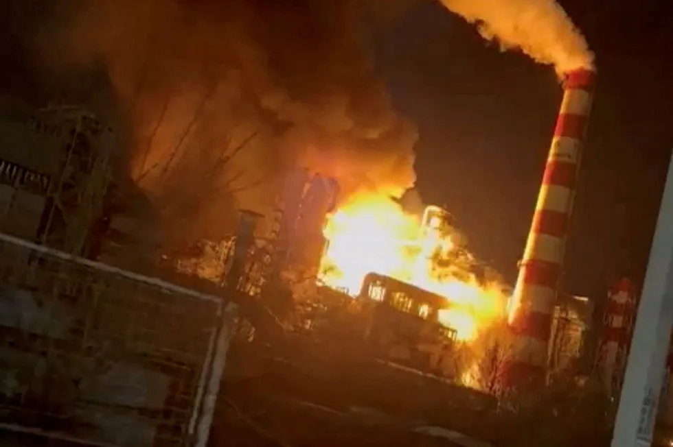 Smoke and flames rise after a fire broke out at a large oil refinery in Tuapse, Russia, in this screengrab obtained from a social media video released on Thursday.