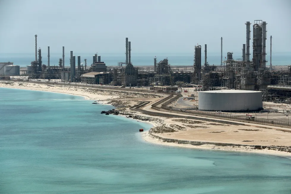 Attack: on oil storage tank in Ras Tanura, Saudi Arabia. Above, a general view of Saudi Aramco's Ras Tanura oil refinery and oil terminal in Saudi Arabia in May 2018
