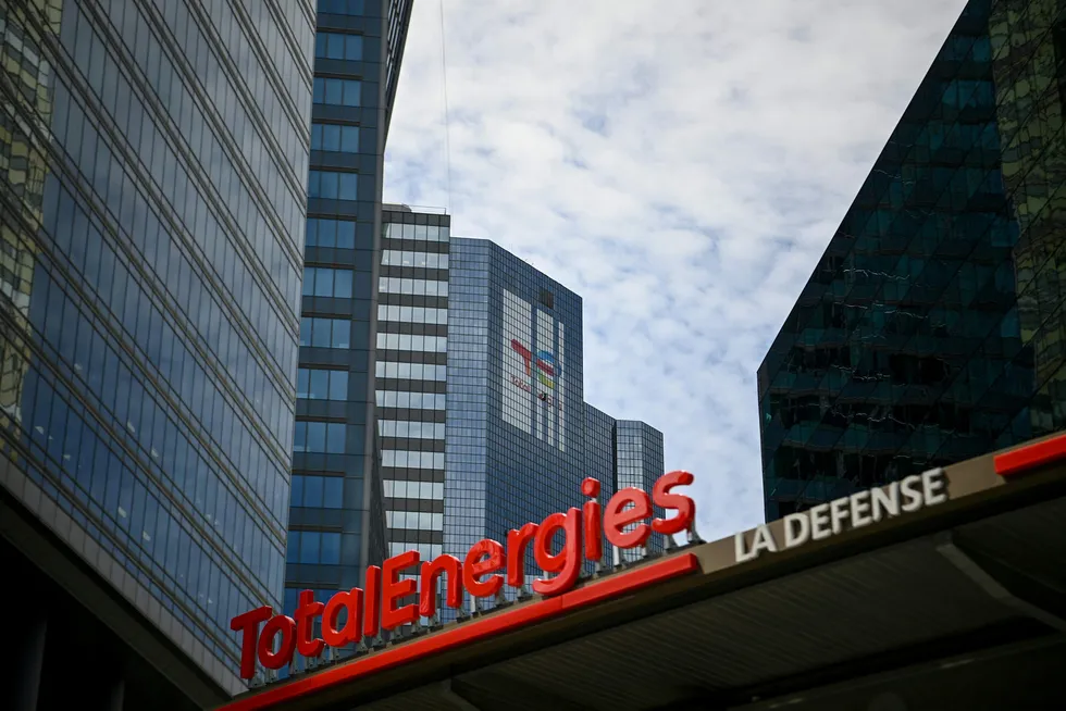 Home call: TotalEnergies logo is seen at a charging station in La Defense on the outskirts of Paris in France.
