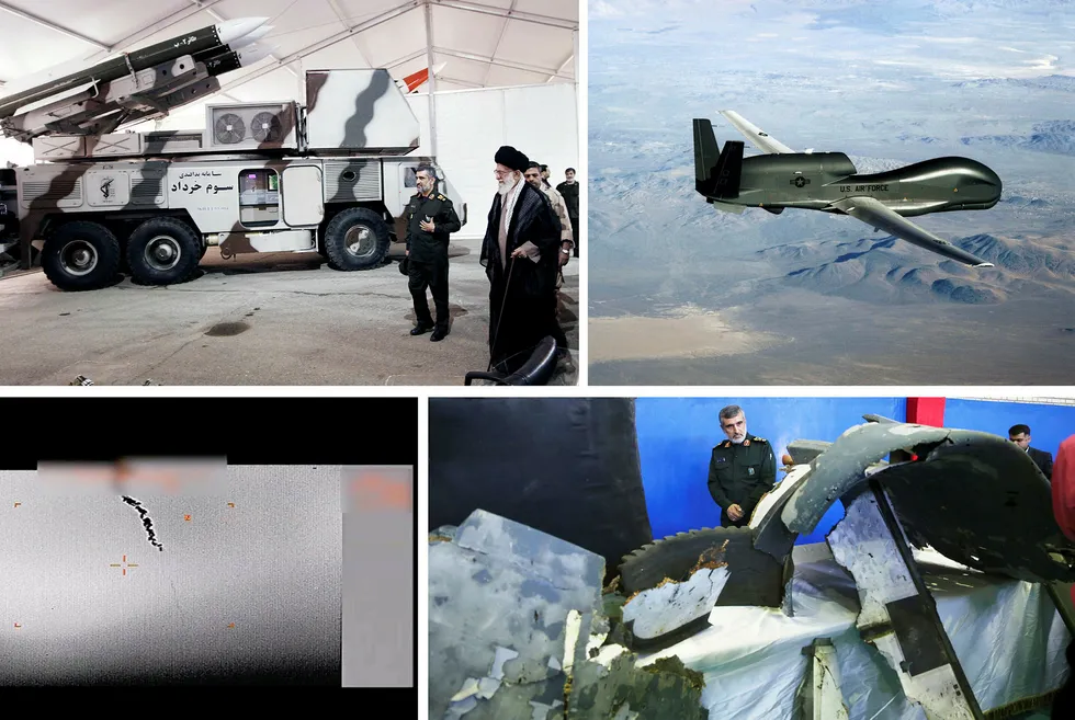 Øverst til høyre: Her inspiserer Irans øverste leder Ayatollah Ali Khamenei luftvernsystemet Khordad, som Revolusjonsgarden brukte til å skyte ned den amerikanske dronen. Til venstre er general Amir Ali Hajizadeh, kommandør i Revolusjonsgarden. Øverst til venstre: Overvåkningsdronen RQ-4 Global Hawk. Nederst til høyre: Radarbilde fra nedskytingen som USA påstår skjedde i internasjonal luftrom. Nederst til høyre: Iran påstår dette er vrakrester av dronen som Iran har hentet opp fra sjøen i iransk farvann.