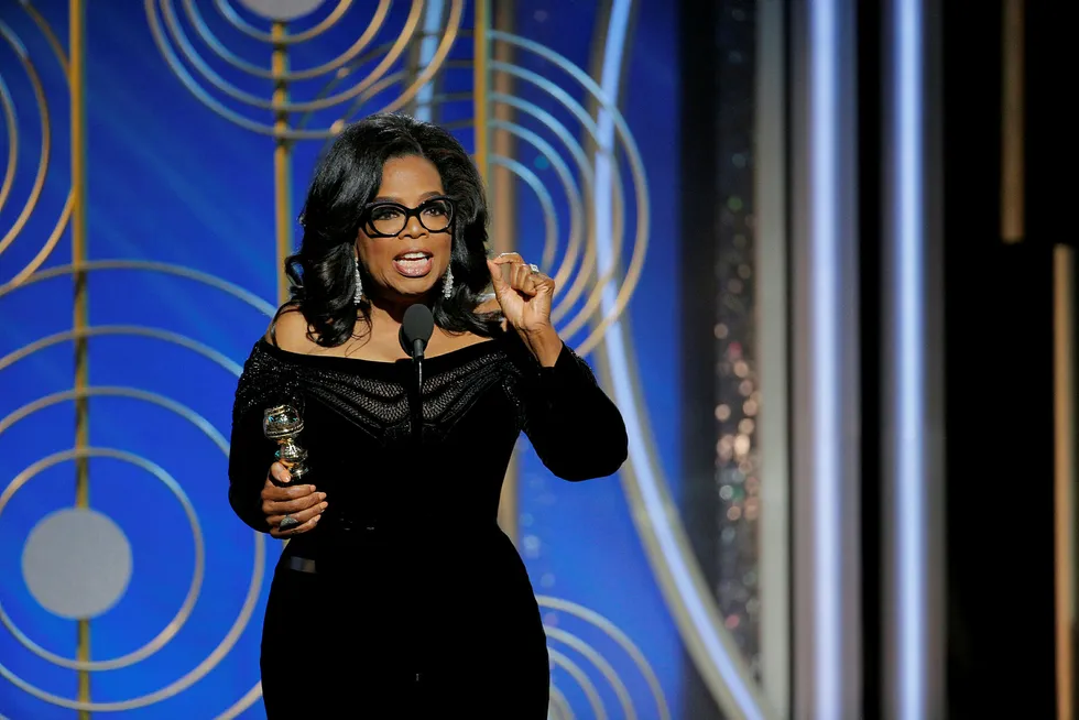 Oprah Winfrey holdt en flammende tale på Golden Globe Awards i Beverly Hills, California søndag. Spekulasjonene går nå høyt om at hun vil stille som presidentkandidat for Demokratene i 2020. Foto: Paul Drinkwater/Courtesy of NBC/Handout via Reuters/NTB Scanpix