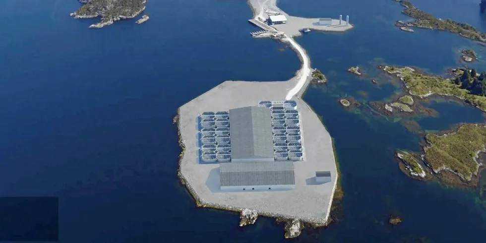 Illustrasjon av Havlandet RAS Pilot, som i løpet av høsten bygges som pilotanlegg for landbasert produksjon av slakteklar laks på Fjord Base.