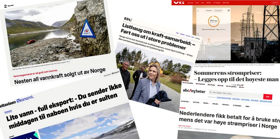 Ut i fra presseoppslag kan man få inntrykk av at Norge er i ferd med å gå tomt for vann. Veldig ofte er det Frp eller Rødt som står bak oppslagene. Faksimiler: TV2, VG, ABC, E24 og Nettavisen.