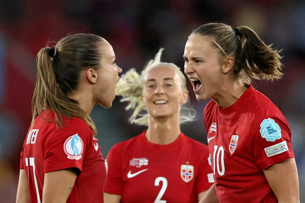 Winners: Norway’s players celebrate their fourth goal in the team’s win over Northern Ireland in the Women’s Euro 2022 soccer tournament