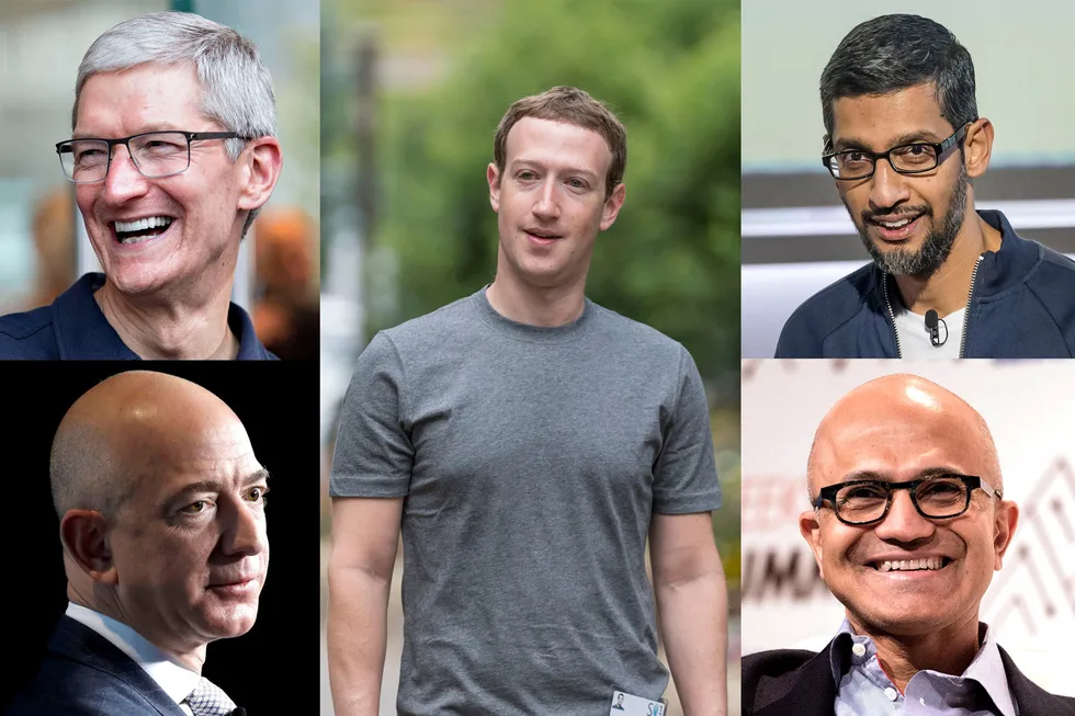 Selskapene hvor disse fem er toppsjefer løftet aksjemarkedet fra 23. mars og frem til november. Nå er det andre selskaper som driver opp markedene. Tim Cook (fra venstre) i Apple, Jeff Bezos i Amazon (nede), Mark Zuckerberg i Facebook (midten), Sundar Pichai i Alphabet/Google (øverst til høyre) og Satya Nadella i Microsoft.