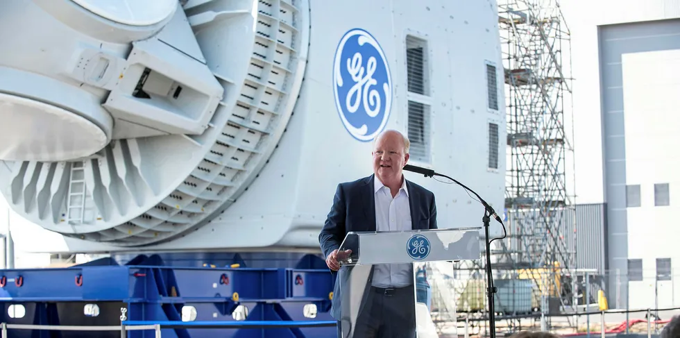 John Lavelle, CEO of GE's offshore wind business, at the unveiling of the prototype nacelle in Saint-Nazaire, France, in July
