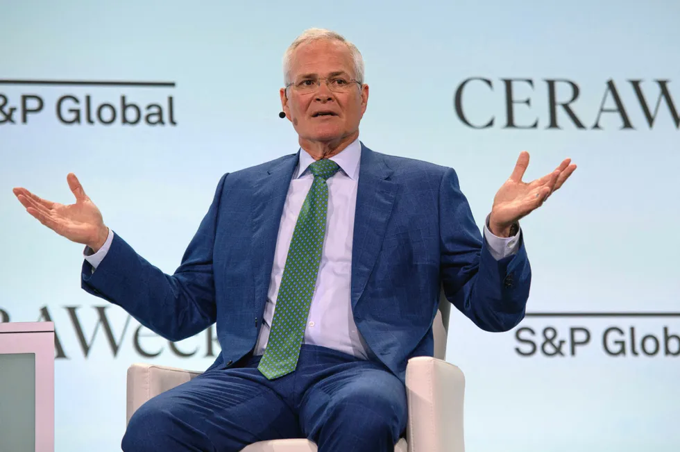 ExxonMobil CEO Darren Woods speaking at the CERAWeek energy conference in Houston on Monday.