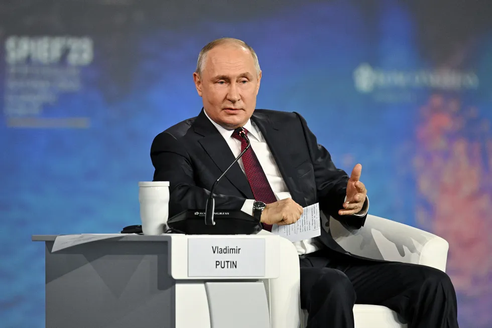 Russlands president Vladimir Putin på Spiefs plenumssamling 16. juni 2023.