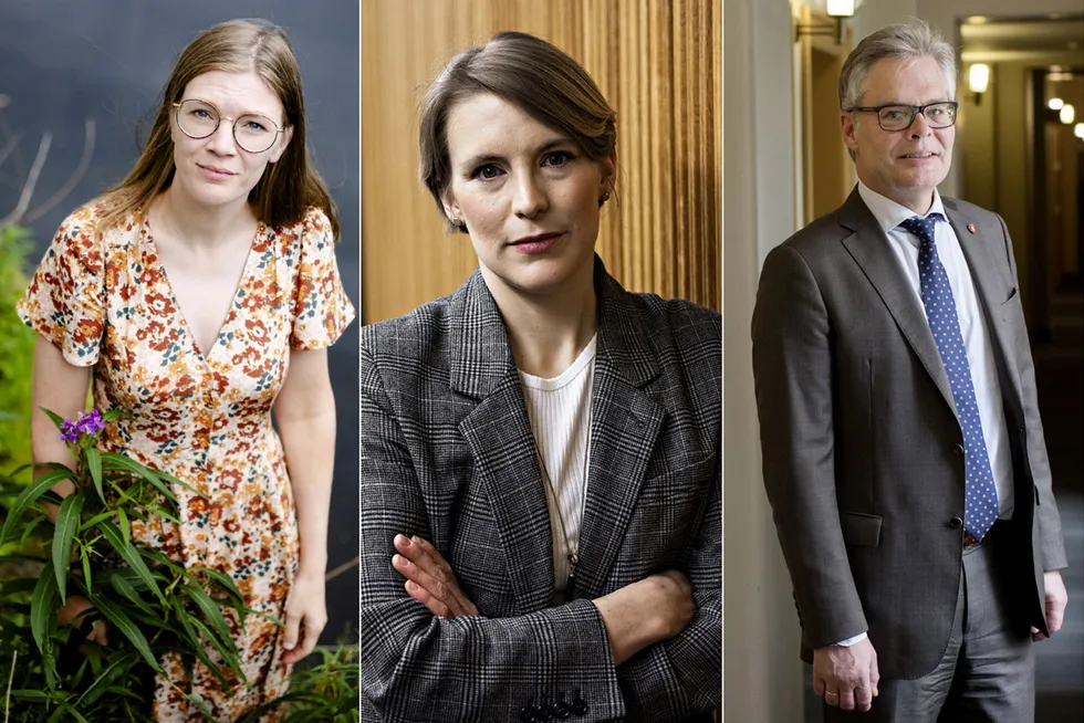 Rødt- leder Marie Sneve Martinussen, stortingsrepresentant Kari Elisabeth Kaski (SV) og finanspolitisk talsmann i Frp Hans Andreas Limi har ulike meninger rundt kronekursen.