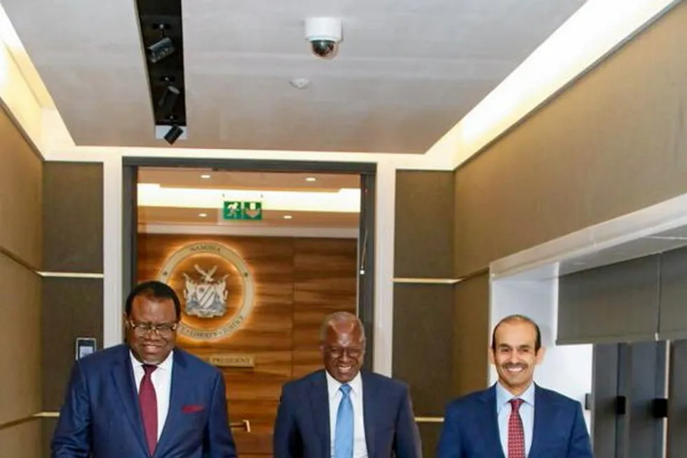 Talks: Namibia’s President Hage Geingob (left), Namibia’s Minister of Mines & Energy Tom Alweendo, (centre), and Saad bin Sherida Al Kaabi, QatarEnergy chief executive and Qatar Minister of State for Energy Affairs.