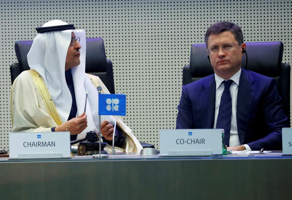 Poles apart: Saudi Arabia's Minister of Energy Prince Abdulaziz bin Salman Al-Saud (left) and Russia's Energy Minister Alexander Novak seen at an Opec+ meeting in Vienna, Austria