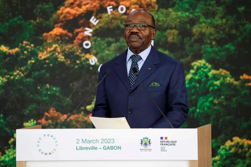 Whereabouts unknown: Gabon's President Ali Bongo speaking in Libreville in March 2023. A group of Gabonese military officers appeared on television on 30 August announcing they were "putting an end to the current regime".