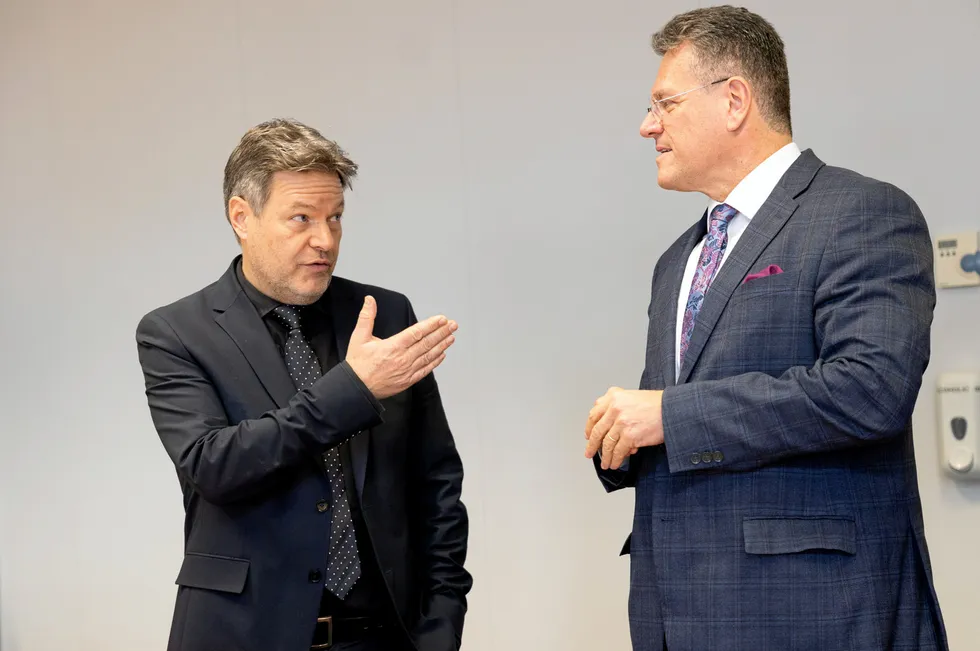 Robert Habeck , on the left , and Maroš Šefčovič . Robert Habeck, Germany's economics and climate protection minister, and Maros Sefcovic, the European Commission's executive vice president for the Green Deal, who is also in charge of the European Hydrogen Bank.