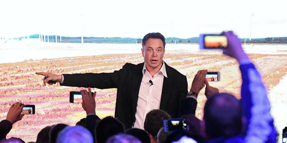 Elon Musk during his presentation at the Tesla Powerpack Launch Event at Hornsdale Wind Farm in 2017.