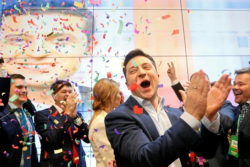 Celebrations: Ukrainian presidential candidate Volodymyr Zelenskiy reacts following the announcement of the first exit poll in the election