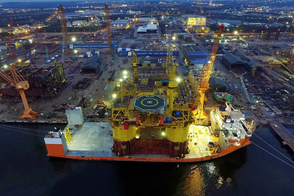 Earlier job: Shell's Malikai platform being loaded out at Malaysia Marine & Heavy Engineering's Pasir Gudang yard