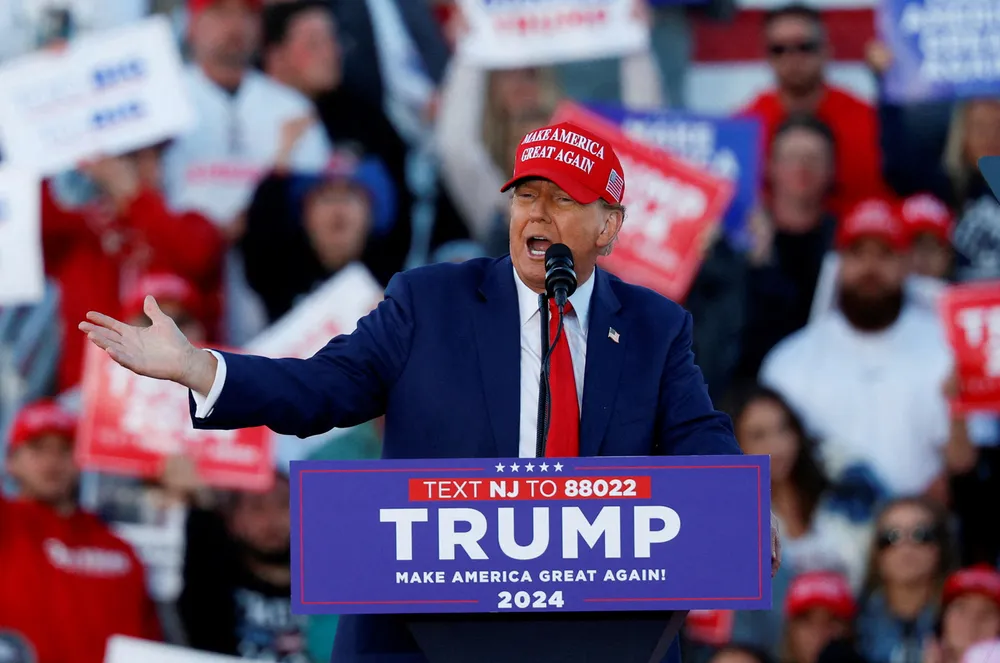 Former US president and Republican presidential candidate Donald Trump speaks at a campaign rally in Wildwood, New Jersey, on Sauturday.