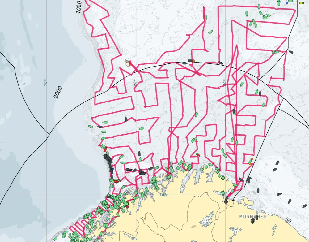Slepestrekene til «Johan Hjort» viser hvor forskerne var på vintertokt og gytetokt vinteren 2025.