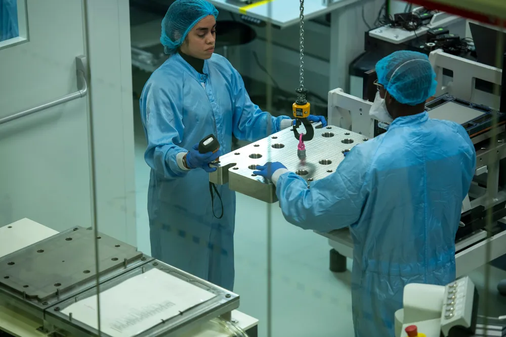 An electrolyser stack being assembled at Hystar's current manufacturing site