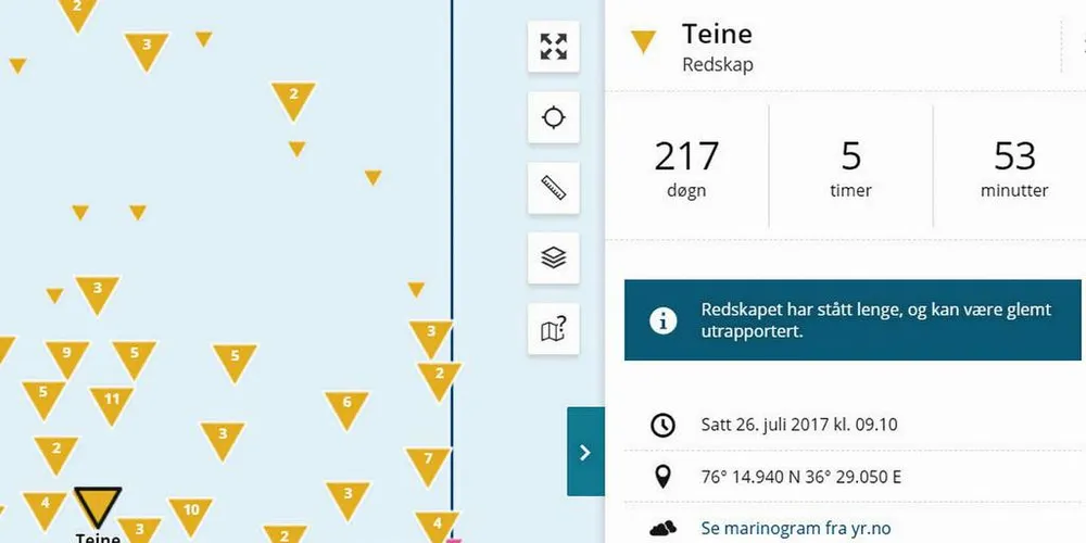 Mange teiner har stått svært lenge i Barentshavet. Trålskipper Rino Grande mener teinene ødelegger for annet fiske.Skjermdump: Barentswatch
